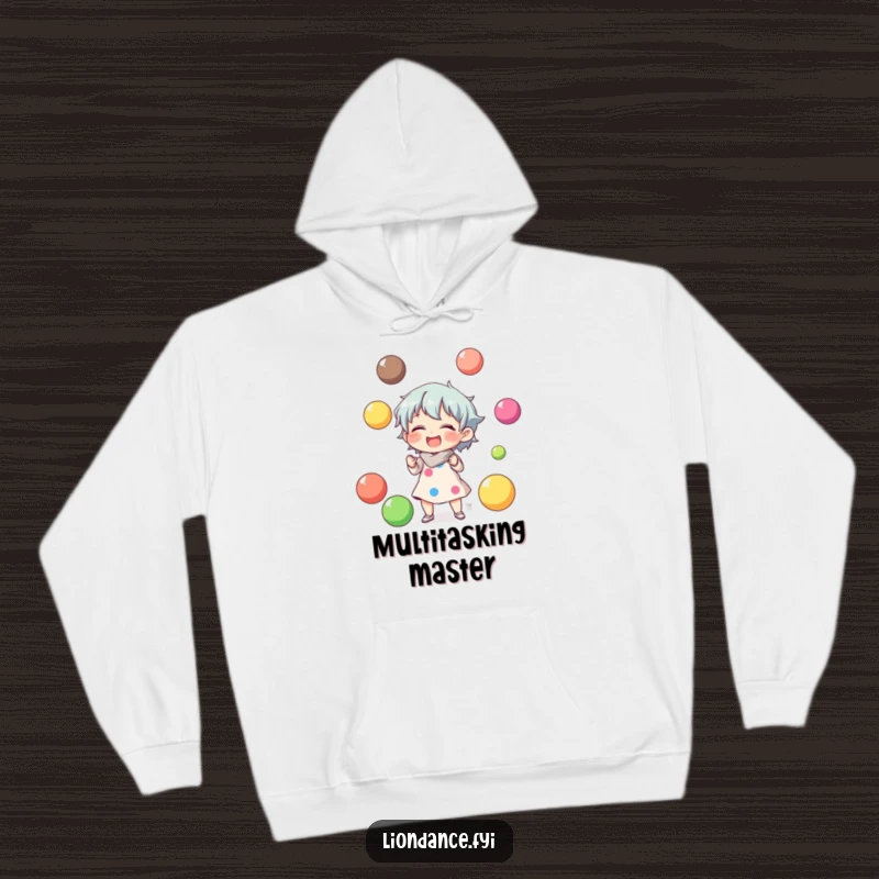 Funny hoodie with a character laughing while juggling colorful balls, offering warmth and a dose of playful humor.