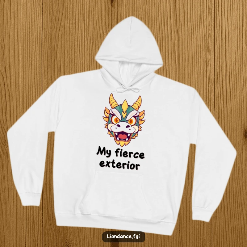 Funny hoodie graphic of a cute dragon mask with glowing eyes roaring playfully, perfect for cozy and fierce amusement.