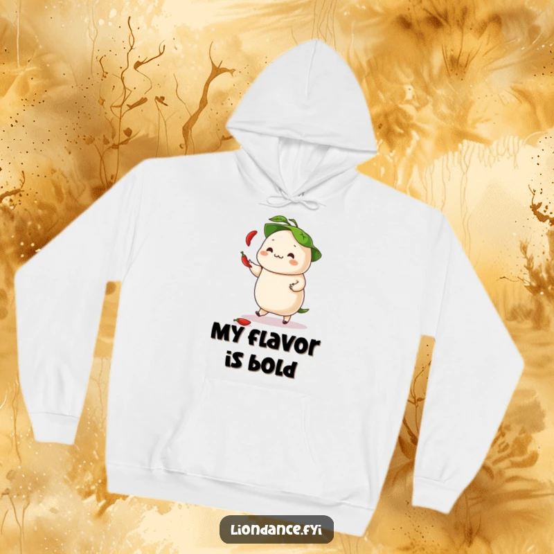 Funny hoodie depicting a dancing dumpling juggling tiny chili peppers, with its leafy hat adding a playful touch.