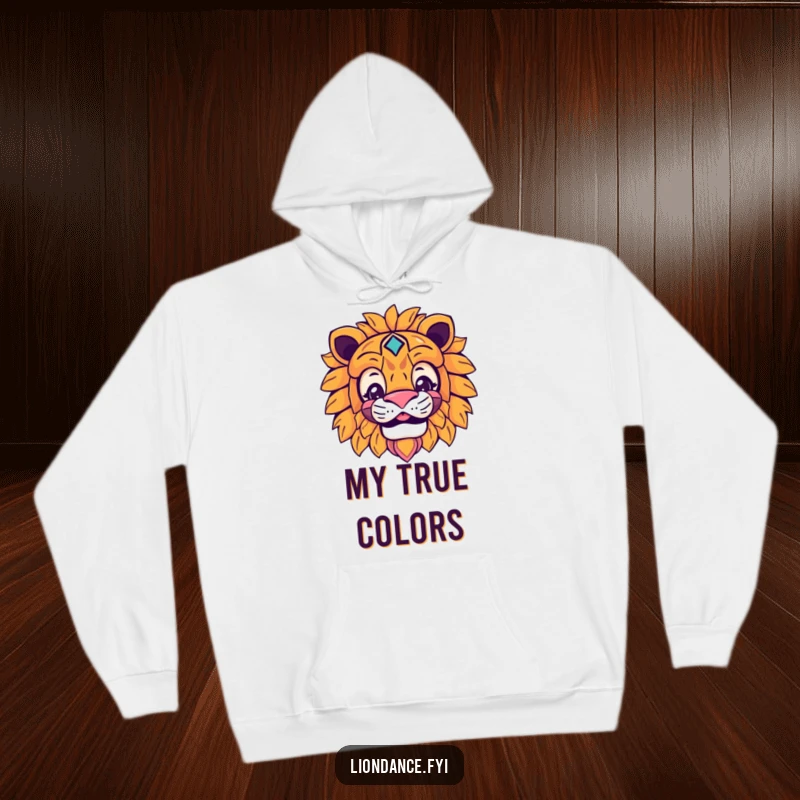 Funny lion mask hoodie with a smiling character peeking from behind the mask, cozy and humorous apparel.