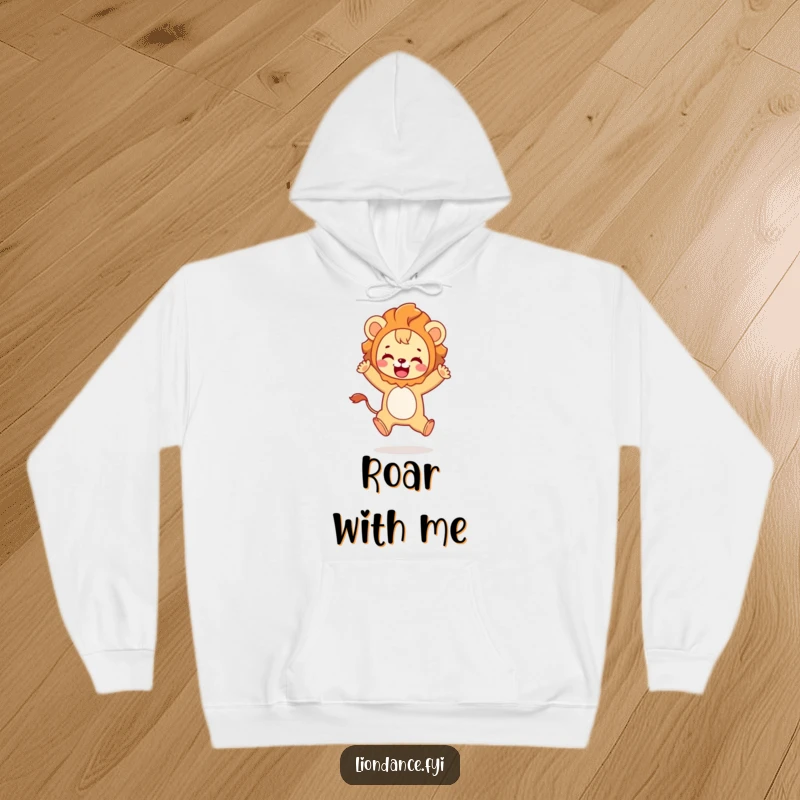Funny hoodie featuring a cute character in a lion costume playfully leaping with pure joy, perfect for comfort.