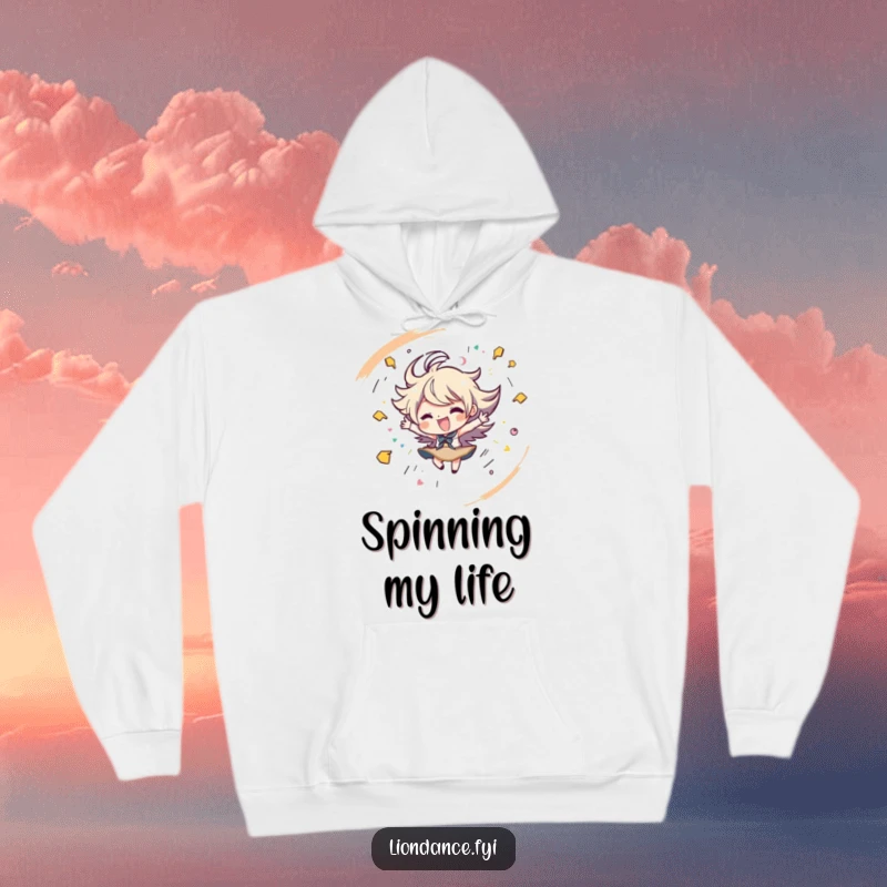 Funny hoodie depicting a character spinning with playful strokes, radiating energetic vibes. Ideal funny gift.