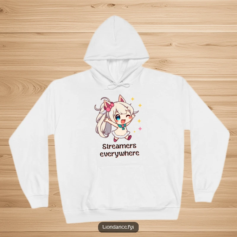 Funny streamer party hoodie featuring a playful character in a dynamic pose with vibrant streamers, great for cozy fun.