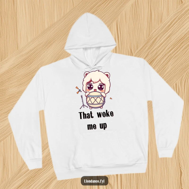 Funny Hoodie illustrating a character's comically startled expression in response to a loud drum sound.
