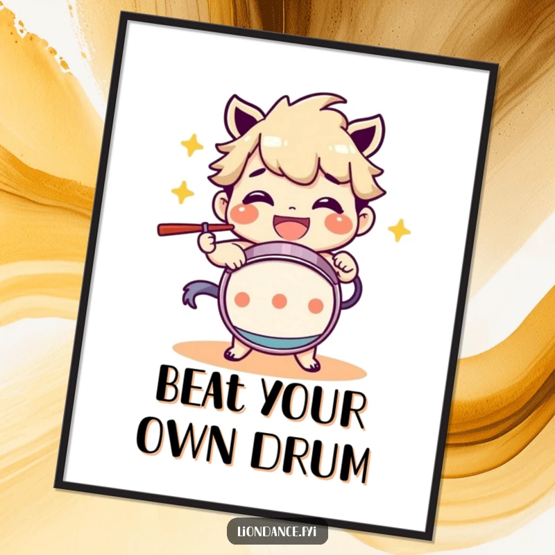 Funny Free Printable Wall Art: A character gleefully beating a drum with a massive grin, creating a vibrant, musical scene.