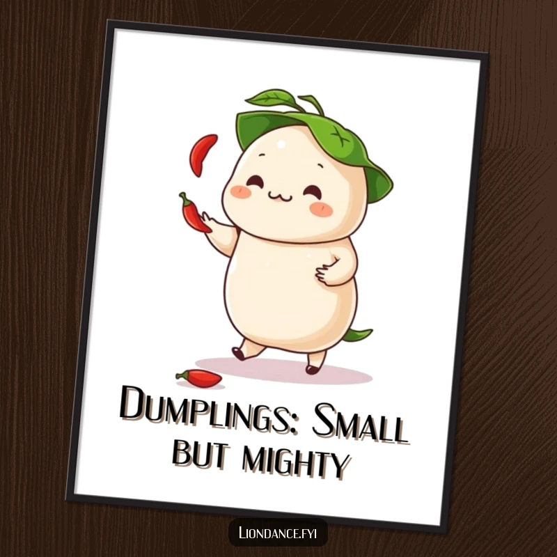 Funny Free Printable Wall Art: A dancing dumpling juggles tiny chili peppers with a leafy hat, full of energetic spice.