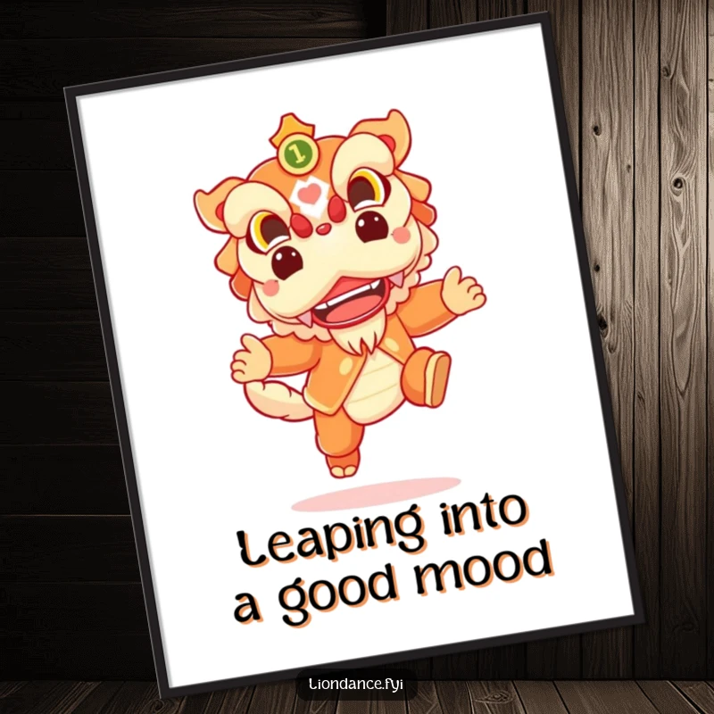 Funny Free Printable wall art of a cheerful lion dance character captured mid-leap with an incredibly joyful expression.