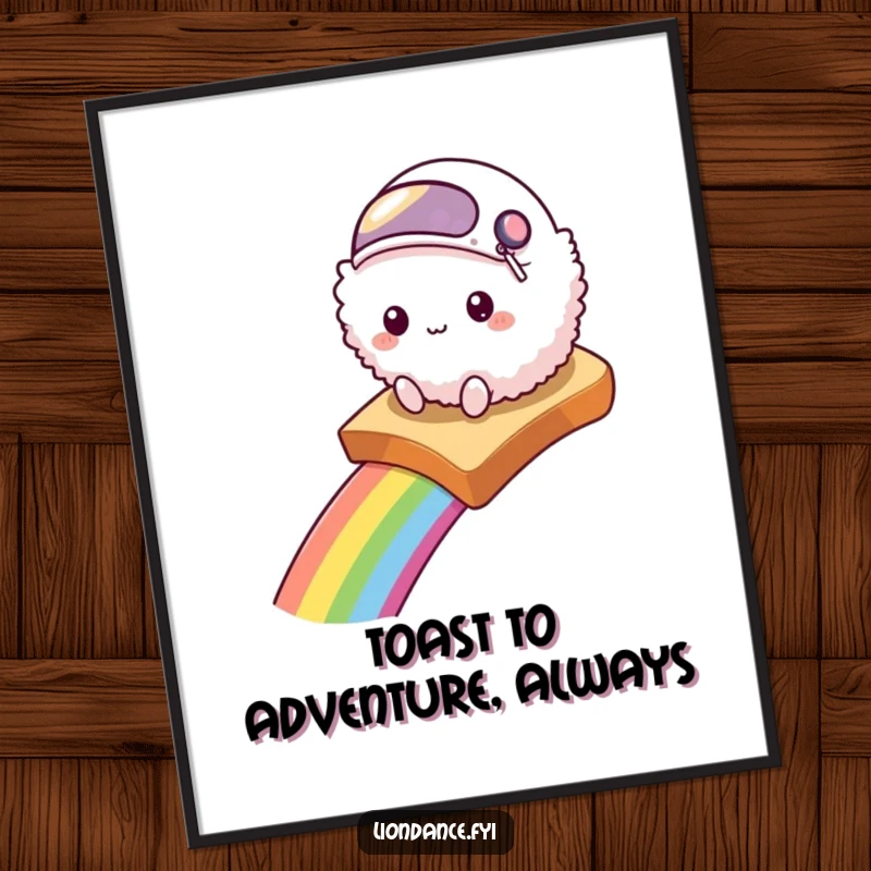 Funny Free Printable Wall Art: A fluffy creature in a tiny helmet slides down a vibrant rainbow on a slice of toast.