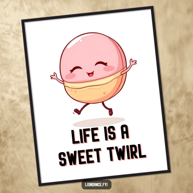 Funny Free Printable Wall Art: A winking macaron cookie with tiny legs performing a sweet, albeit shaky, ballet pirouette.