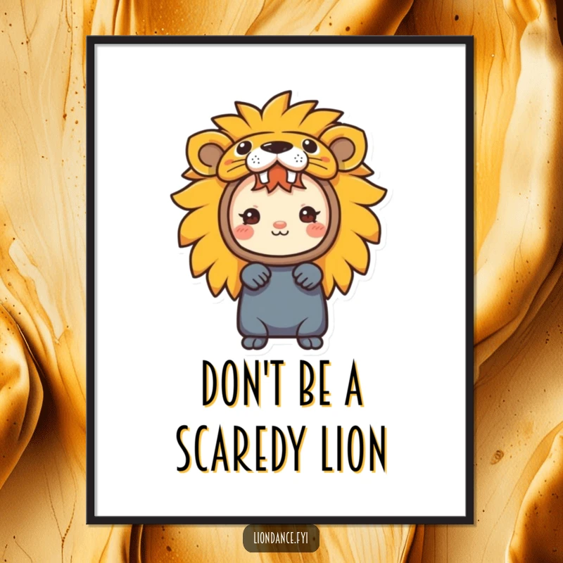 Funny Free Printable Wall Art: A small, cute character peeking out from a colourful and friendly lion head costume.