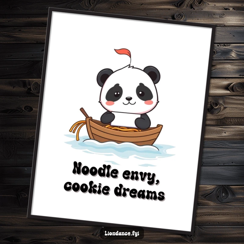 Funny Free Printable Wall Art: Mischievous panda using a fortune cookie as a tiny sailboat on a noodle ocean.