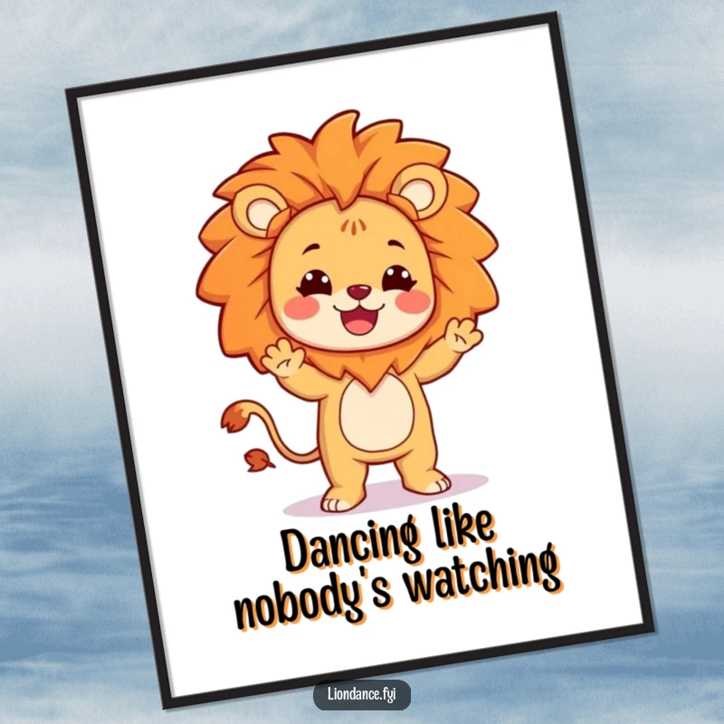 Funny Free Printable Wall Art: Smiling character in a lion costume performing a delightfully silly and energetic dance, perfect for walls.
