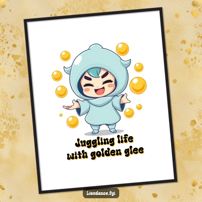 Funny Free Printable Wall Art: A mischievous character juggles golden orbs with a sly smile, creating a dynamic and humorous focal point.