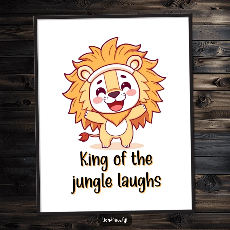 Funny Free Printable Wall Art: A playful character spins happily inside a large lion costume head, creating humorous decor.