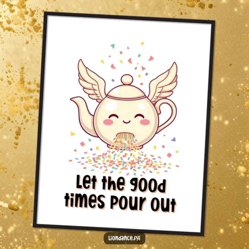 Funny Free Printable Wall Art: A cheerful winged teapot pouring a confetti cascade, a whimsical downloadable design.