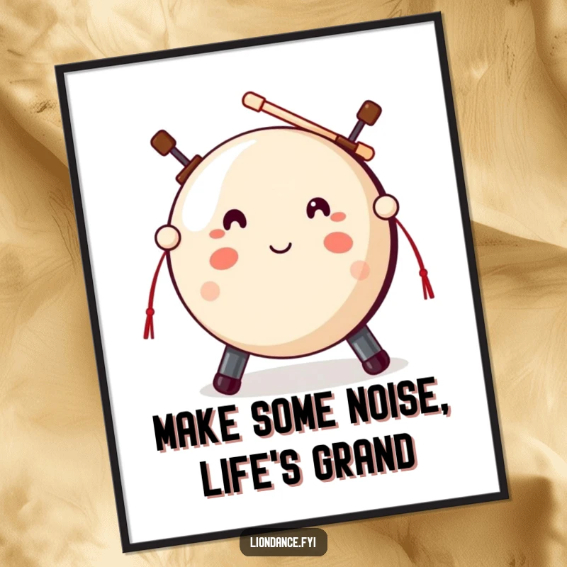 Funny Free Printable Wall Art: A cute gong prop with two mallets held ready for a resonant, attention-grabbing strike.