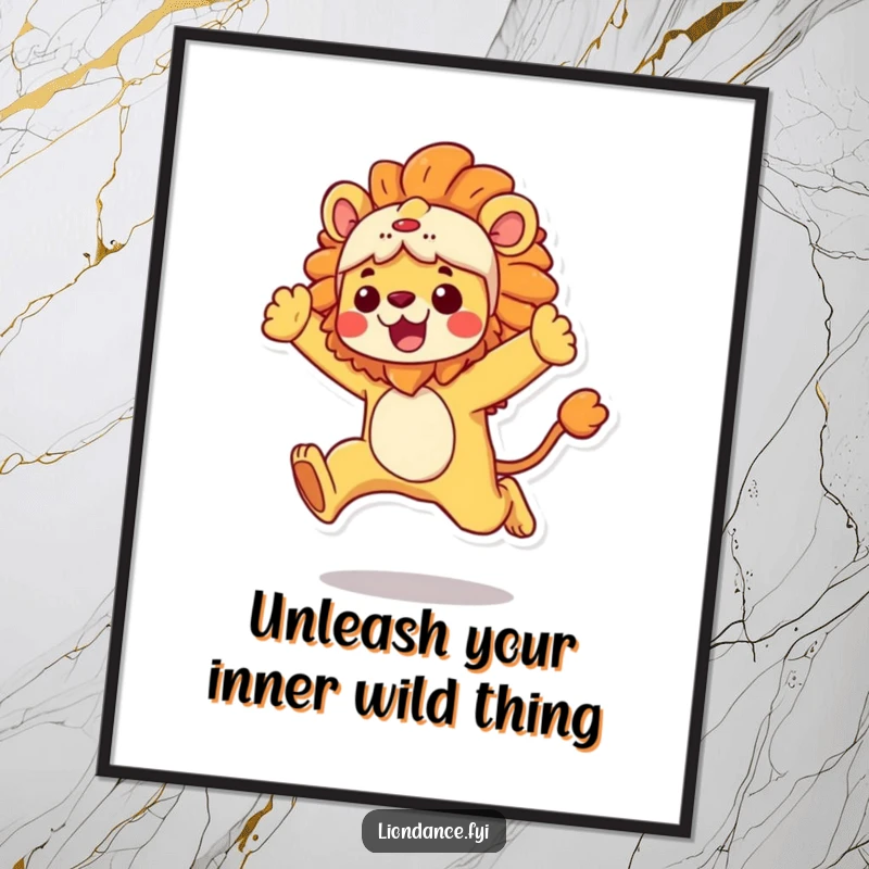 Funny Free Printable Wall Art: A character in a vibrant lion costume captured mid-leap, full of dynamic energy.