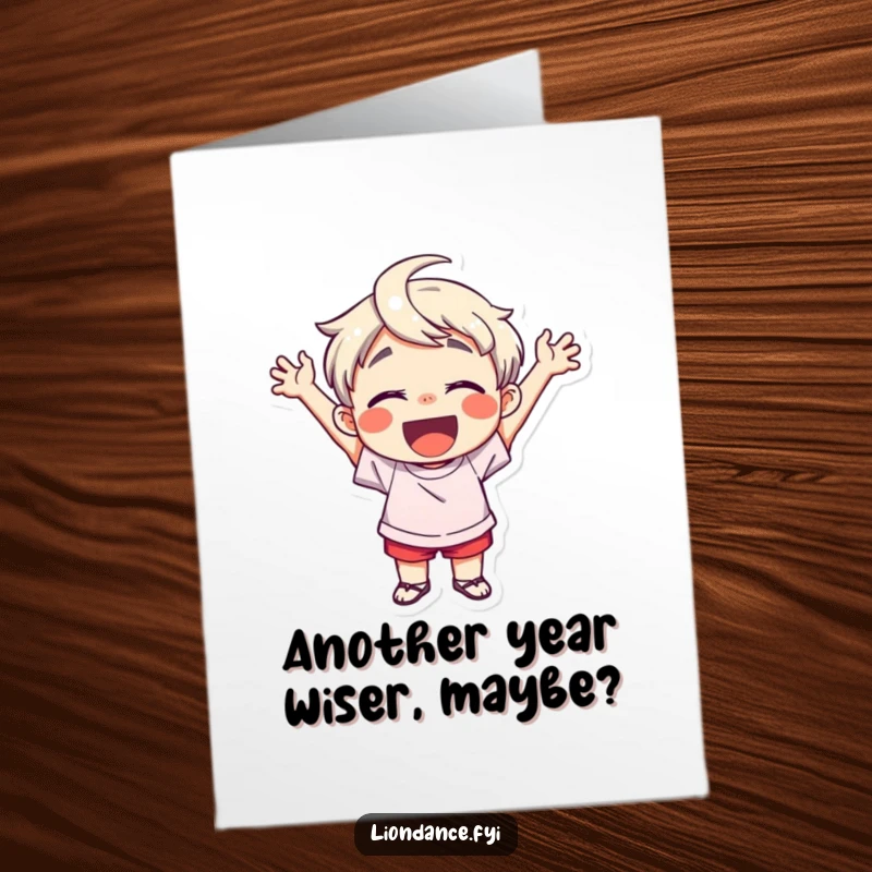 Funny Free Printable Birthday Card: Excited child with arms up, cheering wildly, ready for cake and fun.