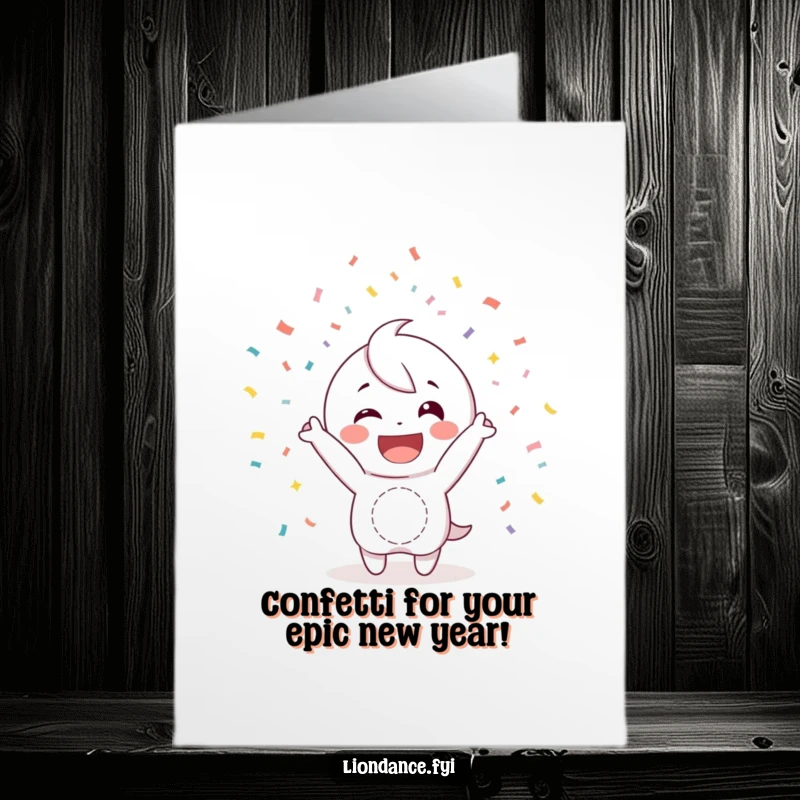 Funny Free Printable Birthday Card: Happy character joyfully tossing confetti with a wide smile, celebrating with infectious enthusiasm and cheer.