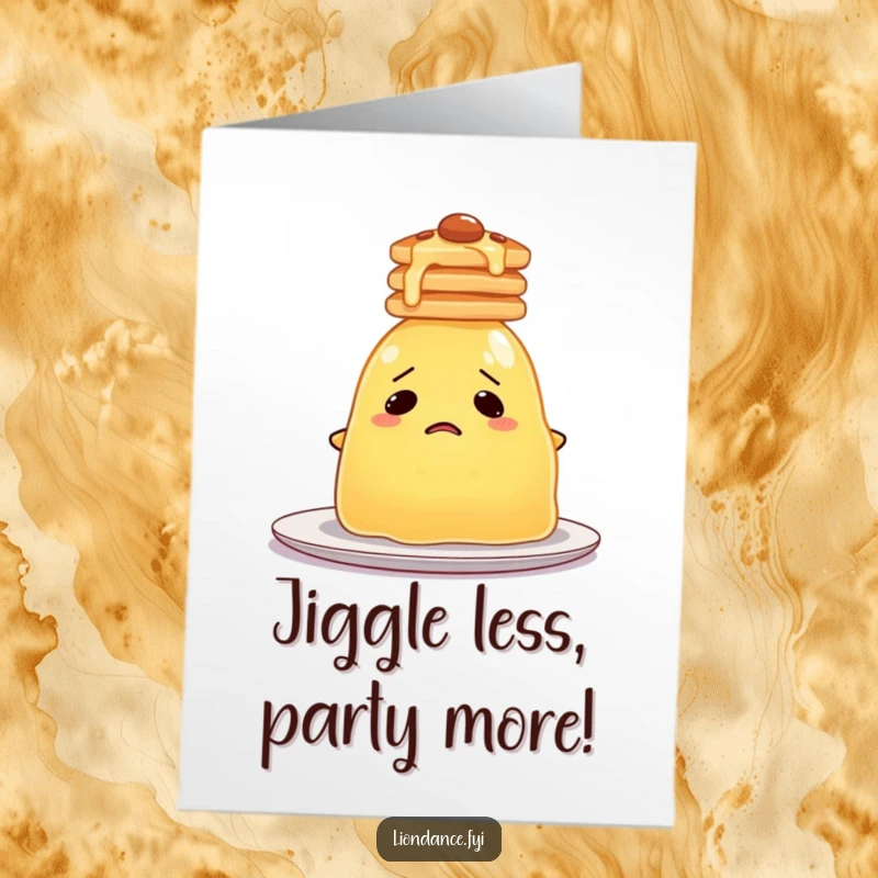 Funny Free Printable Birthday Card: A bewildered jelly struggling to balance pancakes on its head, a hilarious DIY gift.