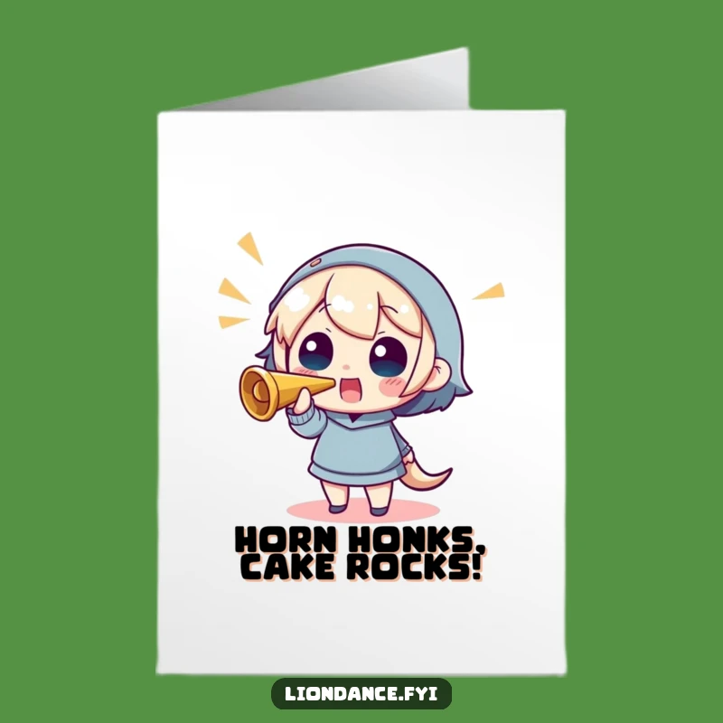 Free Printable Birthday Card: Cheerful Horn Blowing Character Funny Downloadable Gift