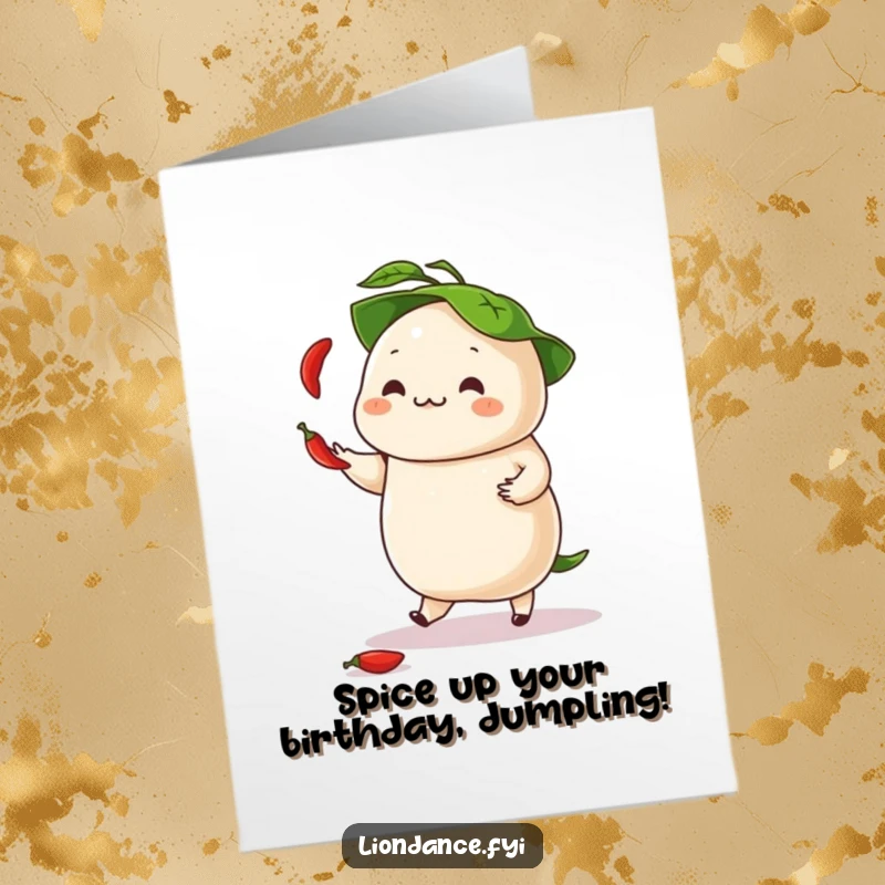 Funny Free Printable Birthday Card: Dancing dumpling juggles tiny chili peppers, wearing a leafy hat for a spicy celebration.