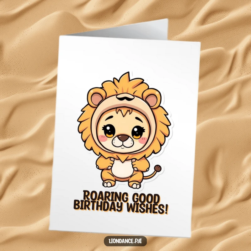 Funny Free Printable Birthday Card showing a curious character playfully peeking out from a bold lion costume's head.