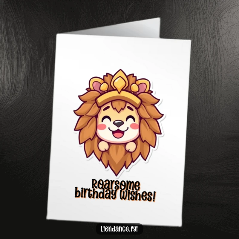 Funny Free Printable Birthday Card featuring a grinning character peeking from a lion headdress, ready for a wild celebration.