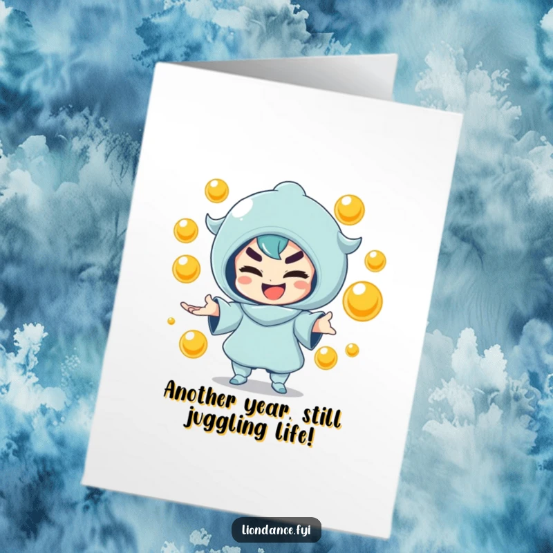 Funny Free Printable Birthday Card: A mischievous character expertly juggles golden orbs, bringing playful energy to birthday wishes.