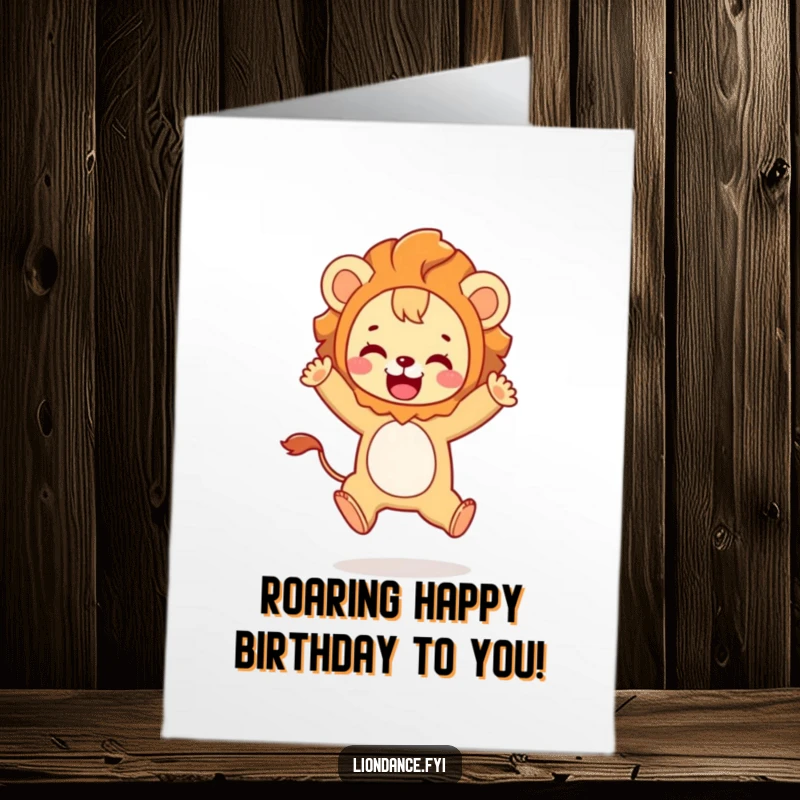 Funny Free Printable Birthday Card featuring a cute character in a lion costume leaping with joy, a wild downloadable gift.