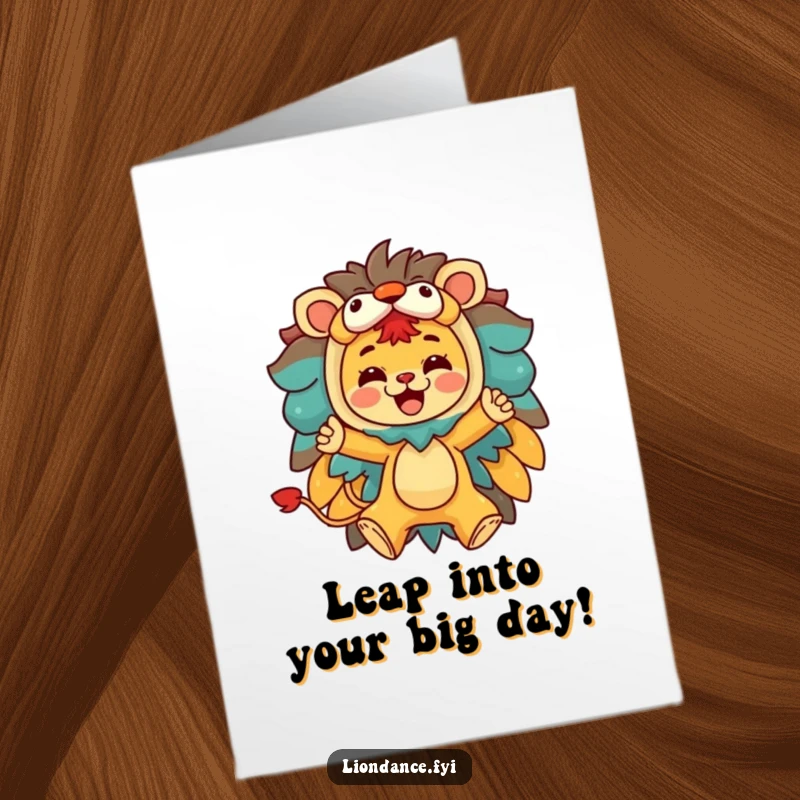 Funny Free Printable Birthday Card: Character leaps joyfully from a colorful lion costume, celebrating a birthday.