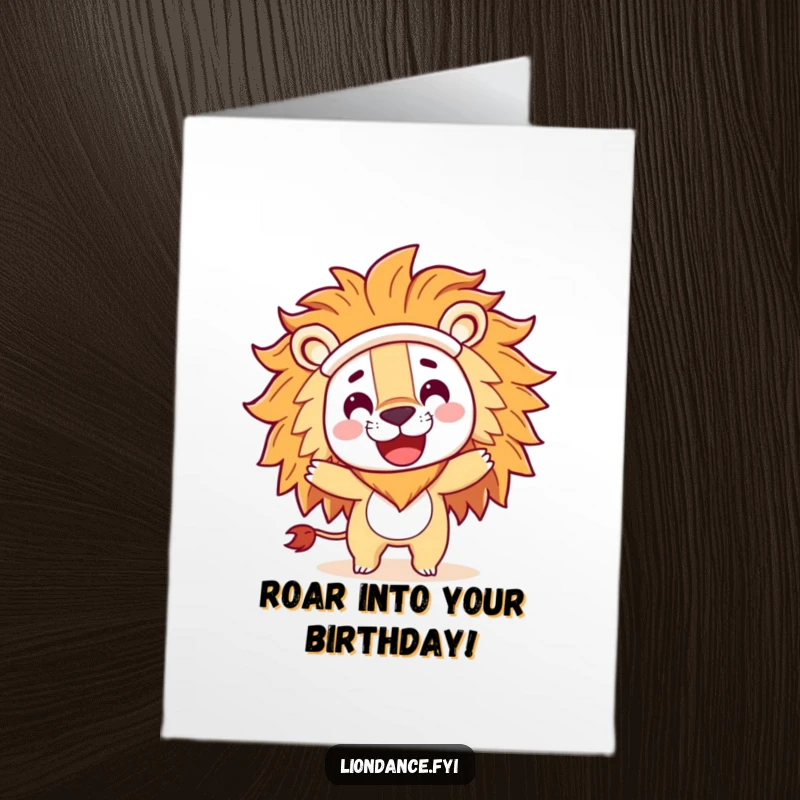 Funny Free Printable Birthday Card: A character in a large lion costume head spins happily, celebrating a birthday.