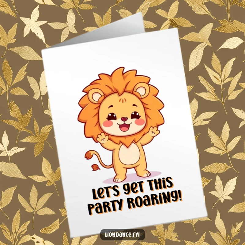 Funny Free Printable Birthday Card: Smiling character in a lion costume performing a hilariously silly, joyful dance for a birthday.