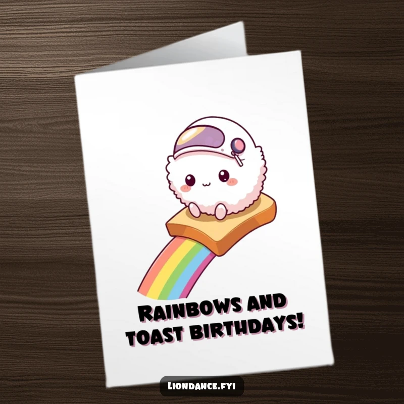 Funny Free Printable Birthday Card: Fluffy creature in a helmet slides down a rainbow on toast, celebrating a birthday with adventure.