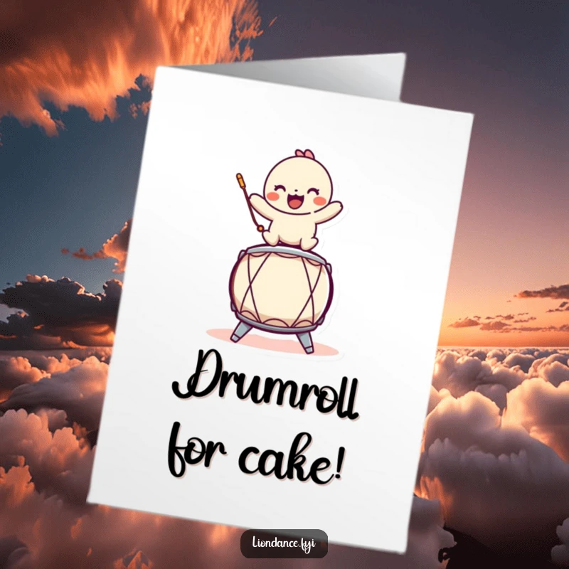 Funny Free Printable Birthday Card: A playful character energetically balancing and drumming on a stylized drum.