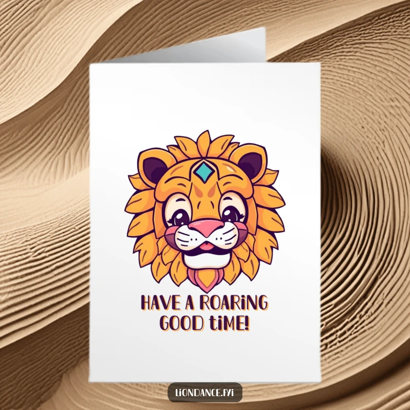 Funny free printable birthday card: a smiling character peeking from behind a vibrant lion mask. Mysterious and humorous.