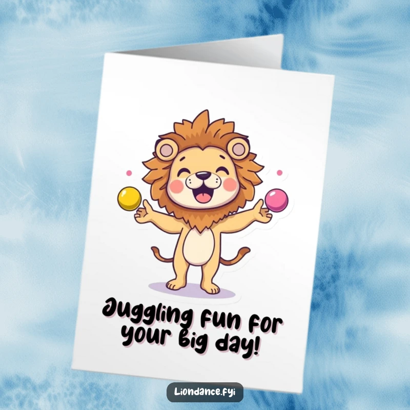 Funny Free Printable Birthday Card: A giggling character joyfully juggling colorful balls, wearing a playful lion head.
