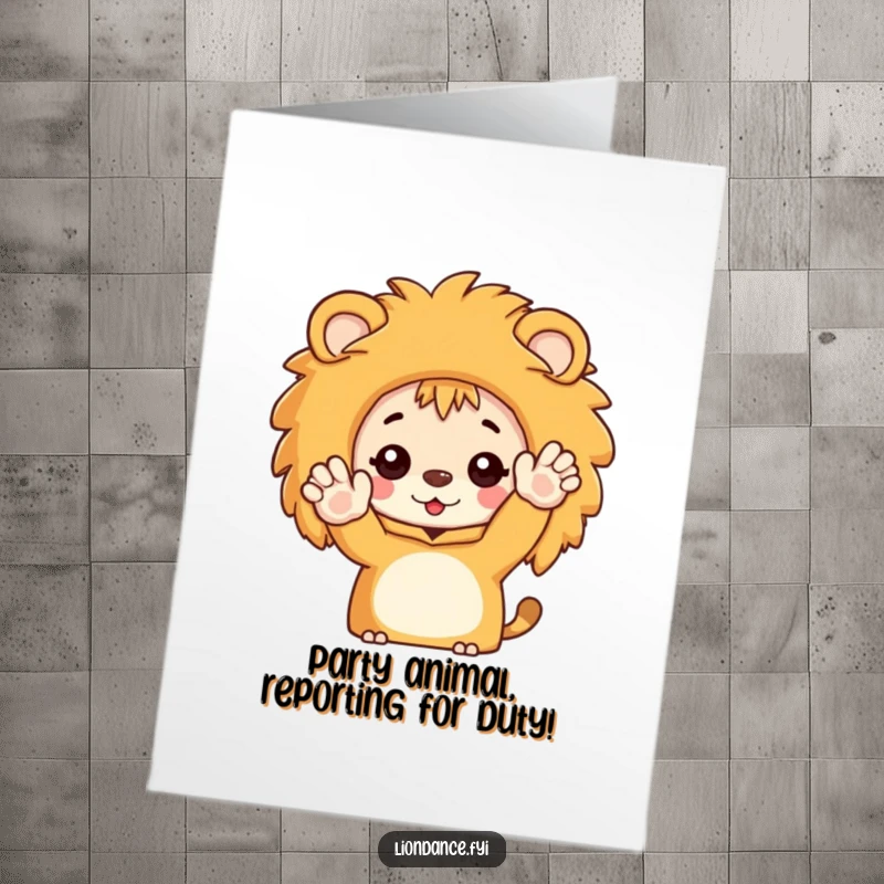 Funny Free Printable Birthday Card: Character peeking from a lion costume, waving hello with infectious enthusiasm for a birthday.