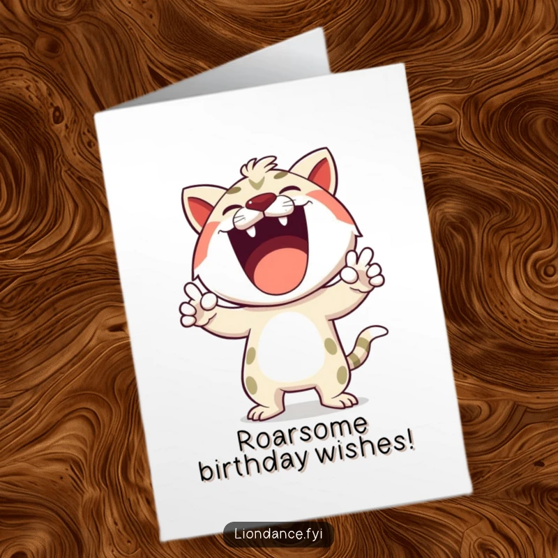 Funny Free Printable Birthday Card: Happy character simulates a loud roar with wild, exaggerated gestures.