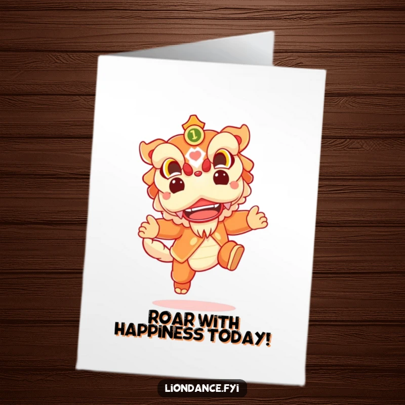 Funny Free Printable birthday card featuring a cheerful lion dance character leaping with an ecstatic, joyful expression.