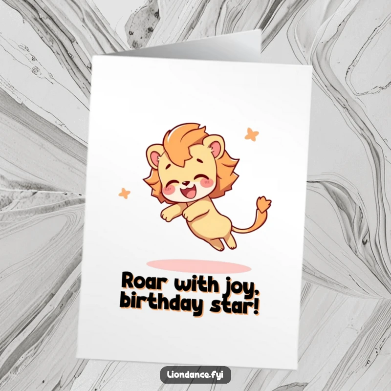 Funny Free Printable Birthday Card: Character joyfully tumbles with a flowing, majestic lion tail, spreading birthday cheer.
