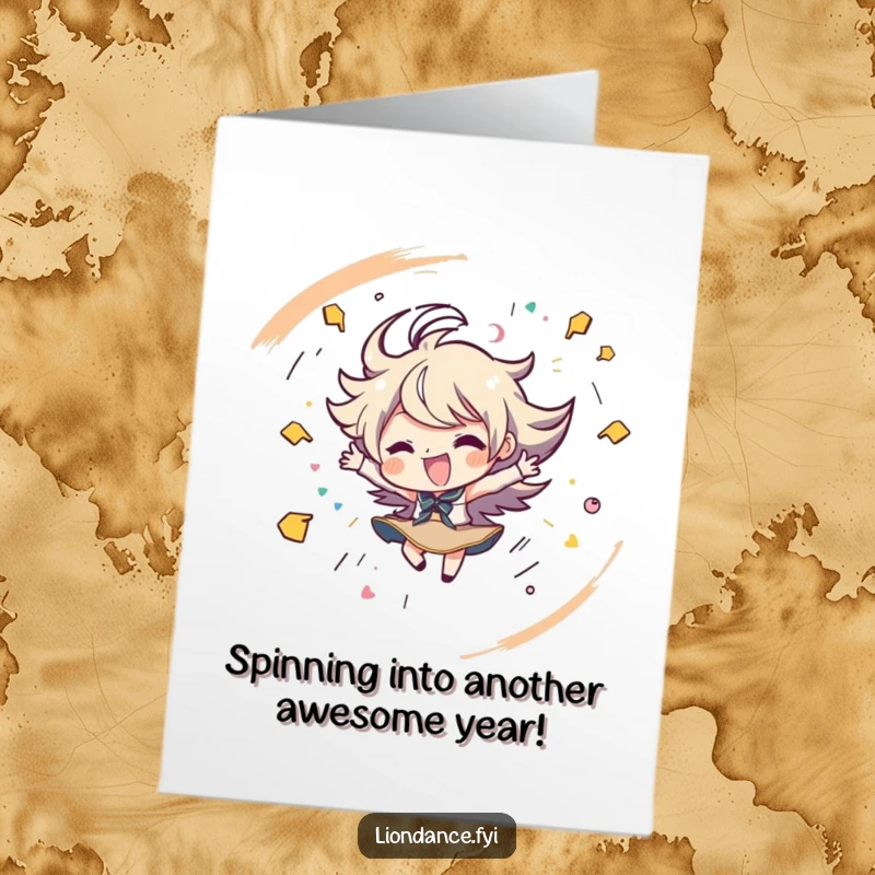 Funny Free Printable Birthday Card: A character spins with wild energy, surrounded by colorful strokes, celebrating a vibrant birthday.