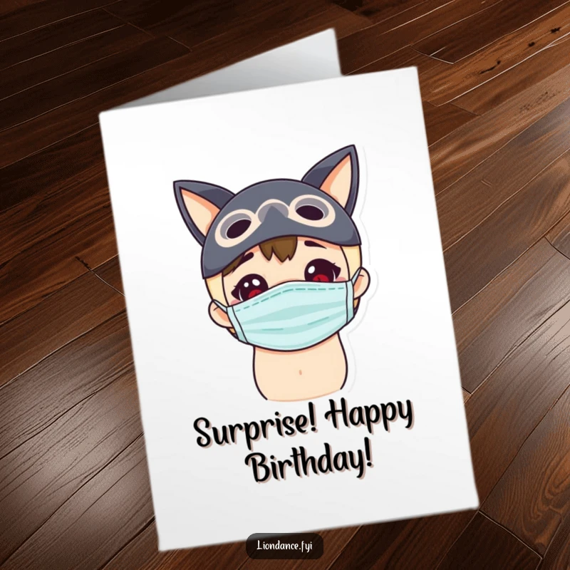 Funny Free Printable Birthday Card: Delighted character wearing a mask, peeking out with wide-eyed curiosity.