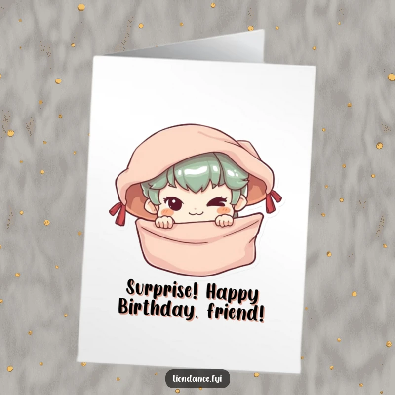 Funny free printable birthday card of a small character with a mischievous grin, peeking from behind a silken banner.