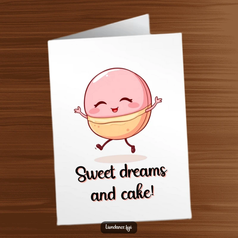Funny Free Printable Birthday Card: A winking macaron with tiny legs attempting a very shaky but charming ballet pirouette.