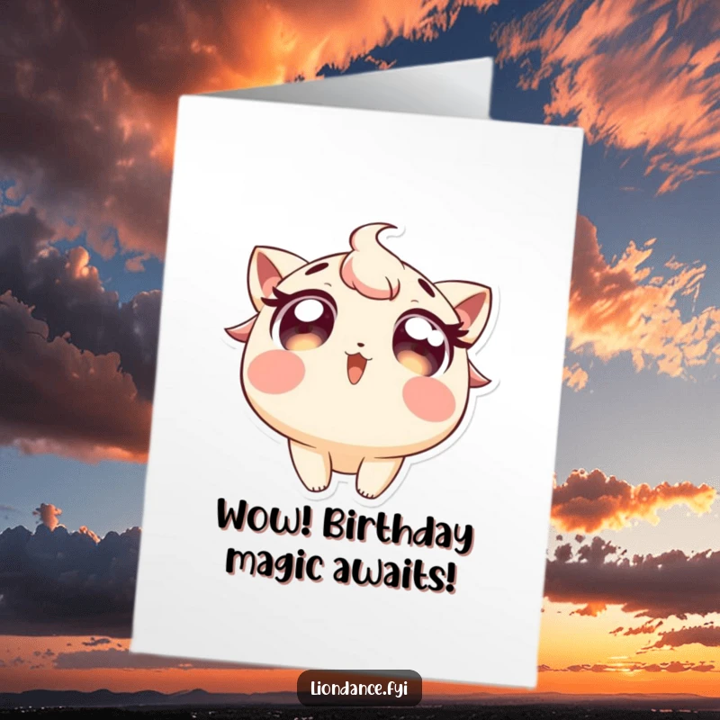 Funny Free Printable Birthday Card: A character with wide, excited eyes peers upwards at a celebratory flourish, full of anticipation.