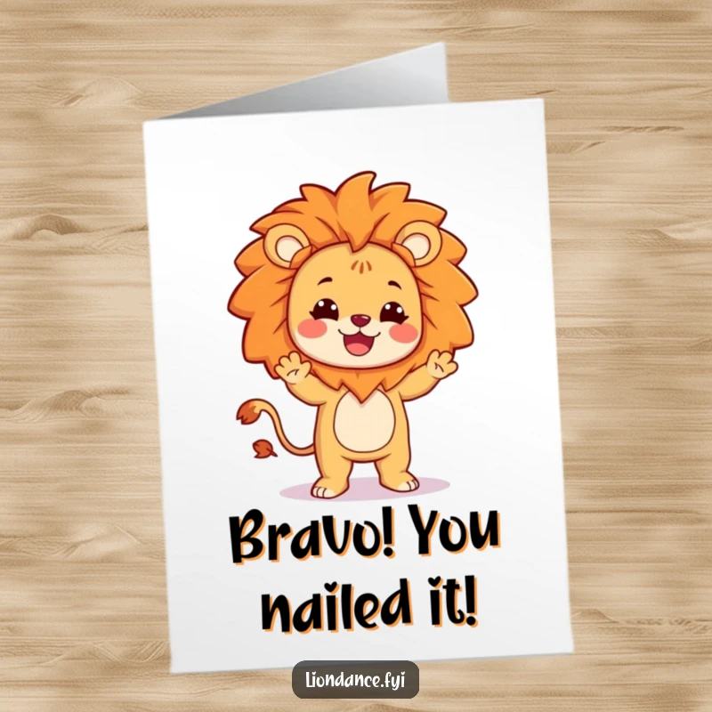 Funny Free Printable Congrats Card: Smiling character in a lion costume doing a wonderfully silly dance to celebrate success.