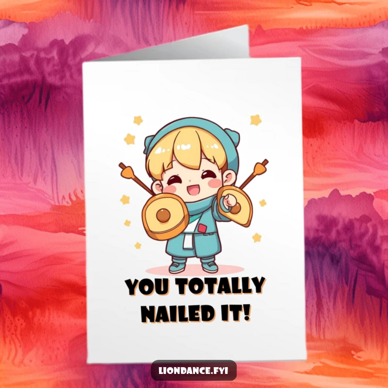 Funny Free Printable Congratulations Card: A character happily clashing cymbals with excitement, celebrating a resounding victory.