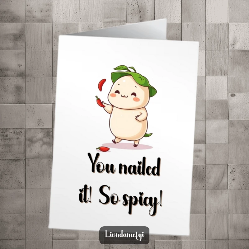 Funny Free Printable Congratulations Card: Dancing dumpling juggles tiny chili peppers under its leafy hat, celebrating a spicy win.