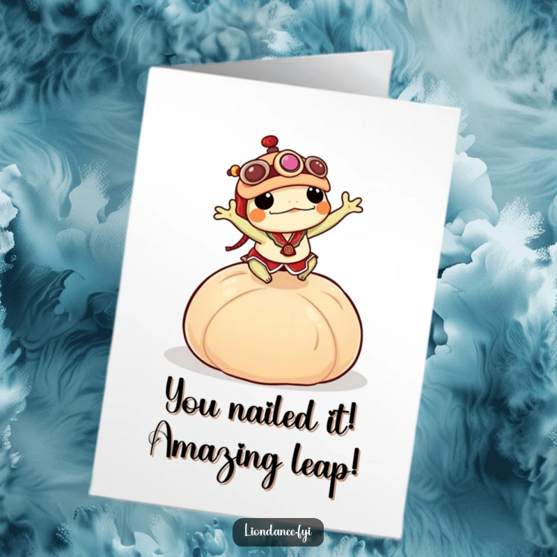 Funny Free Printable Congratulations Card: Frog lion dancer celebrates victory over a giant dumpling.